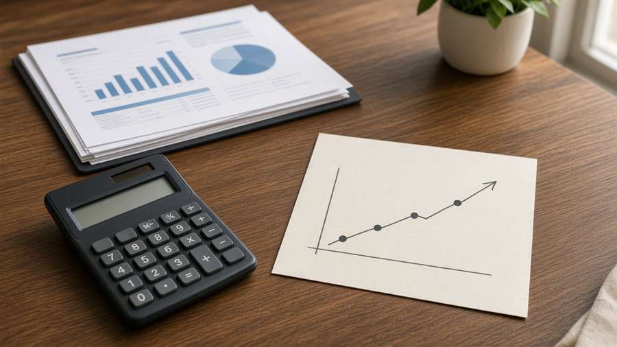 Gráfico de crescimento e calculadora sobre a mesa