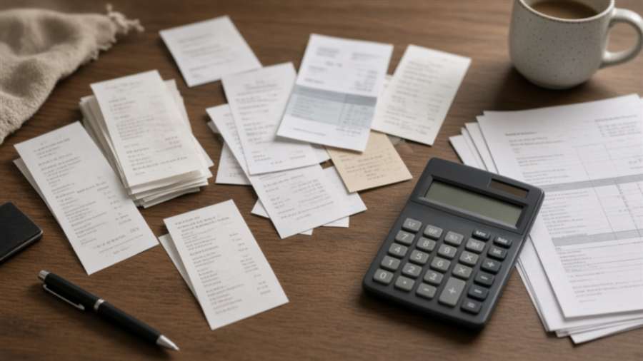 Recibos e calculadora sobre a mesa