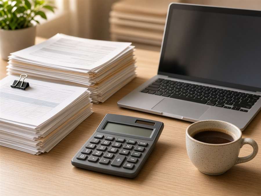 Mesa de trabalho contábil com calculadora e documentos